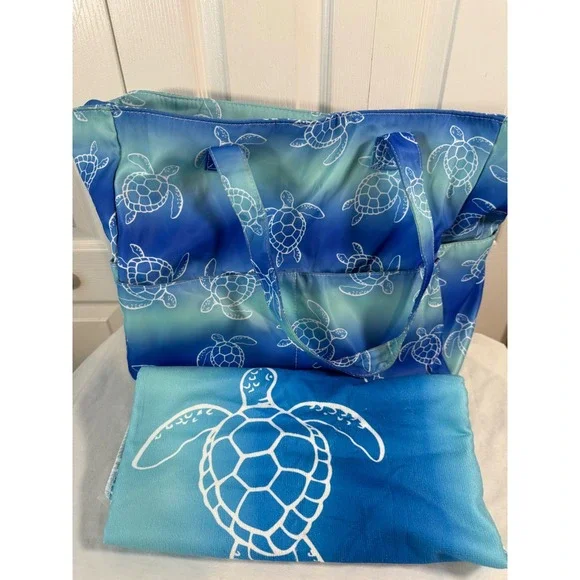 Sea Turtle Ombré Beach Tote Bag with Matching Towel Blue Green Ocean Print - Picture 2 of 12